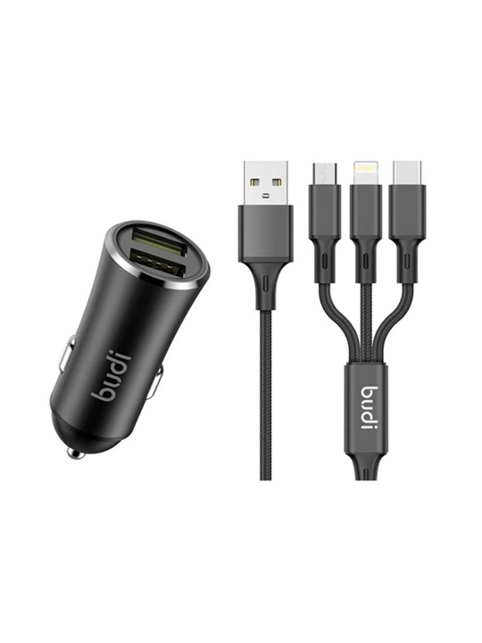 Budi 12W Dual USB Port 3 In 1 Car Charger With Cable